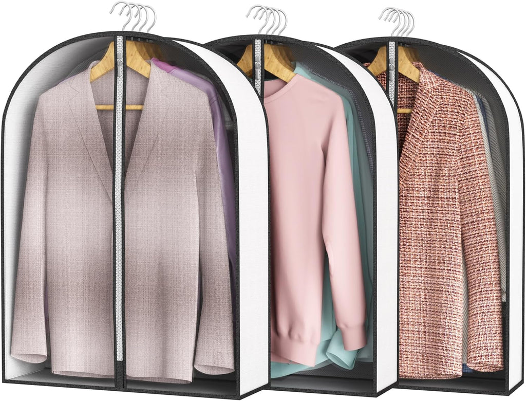 32” Garment Bags for Hanging Clothes 4” Gusseted - with Clear Window, Breathable Fabric, Metal Zipper, Suit Coat Fur Protector for Closet storage, clothes Season Off, Moving, 3 Pack