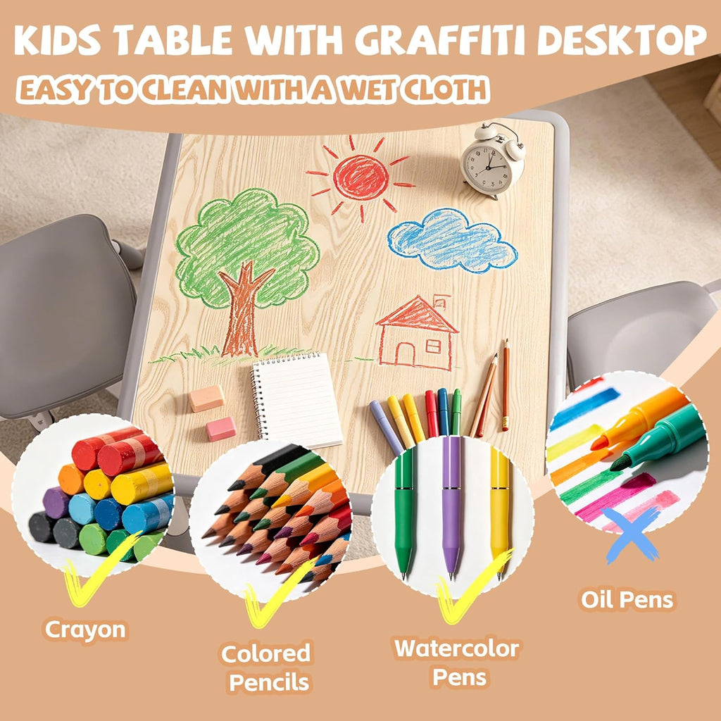 Pterying Kids Table and Chairs Set - 23.6" L x 23.6" W Height Adjustable Toddler Desk, Non-Slip Toddler Table with Graffiti Desktop for Ages 2-8, for Home Preschool Classroom Daycare, Grey