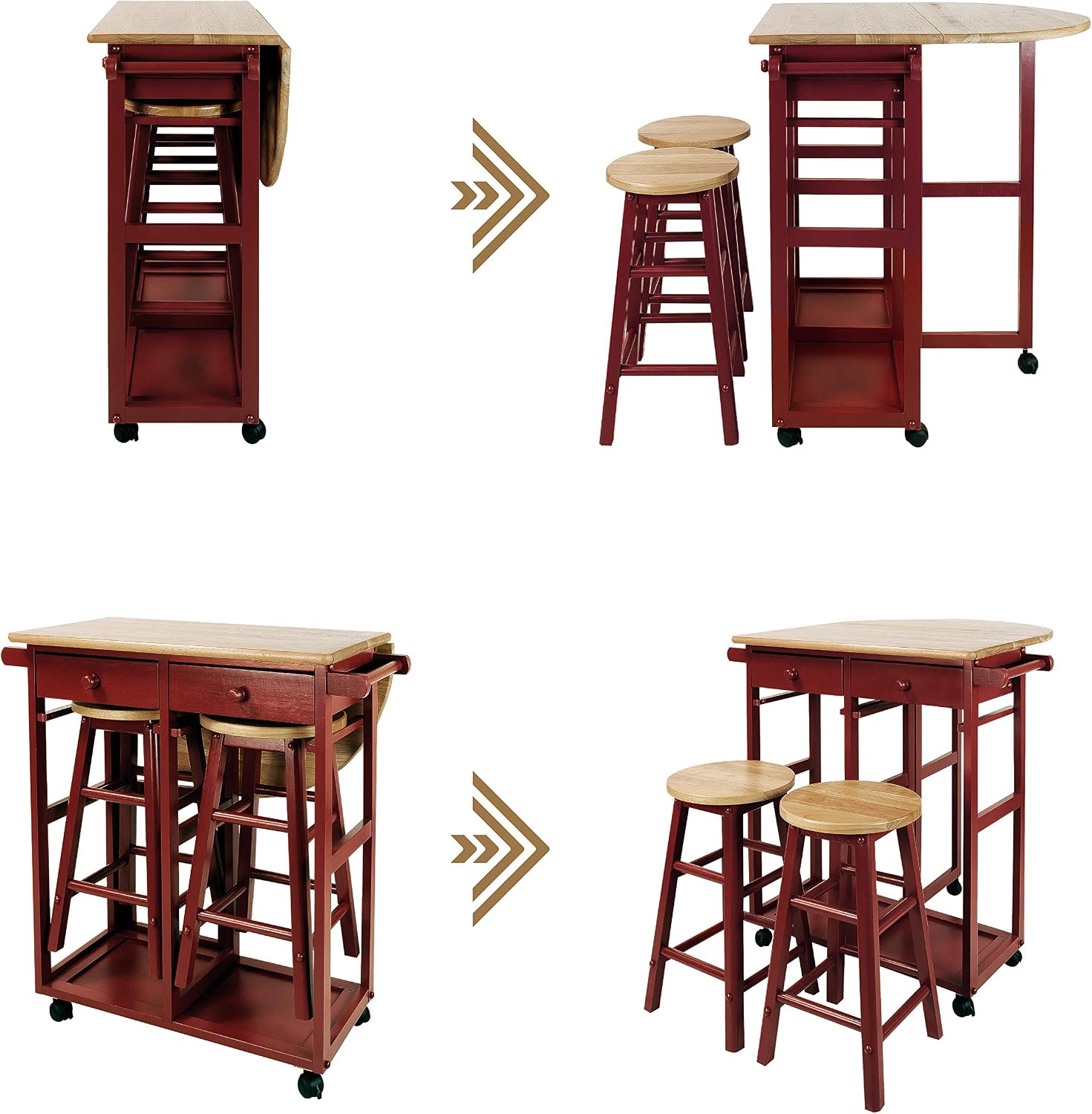 Casual Home Drop Leaf Breakfast Cart with 2 Stools-Red