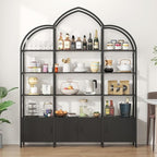Triple Wide 5 Tier Tall Arched Bookshelf and Bookcase with 3 Cabinets, Industrial Metal Etagere Open Bookshelf, Wood Standing Book Shelf with Black Metal Frame for Bedroom Living Room
