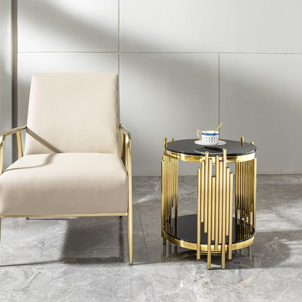 Gold Black End Table with Golden Stainless Steel Frame,Modern Glass Bedside N...