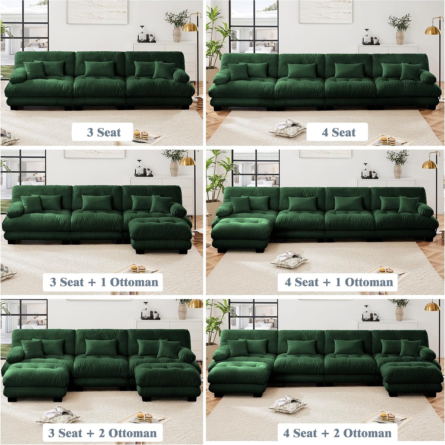 95 inch Modular Sectional Cloud Sofa Couch with Movable Ottoman for Living Room,Velvet Corner Loveseat Sofa with Armrests, Deep Seat Couch (Dark Green, 2 Seat + 1 Ottoman)