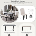 6 Pieces Dining Table Set with 60" Rectangle Marbled Veneers Tabletop Kitchen Desk,Living Room Furniture W/ 4 Chairs & 1 Bench,for Restaurant,Home Bistro,White
