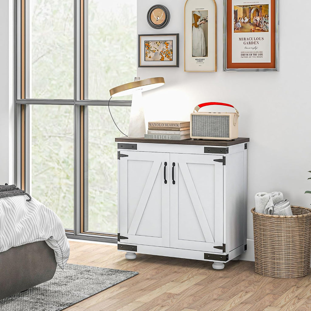 Farmhouse Kitchen Pantry, White Sideboard Buffet Cabinet with Barn Door and Adjustable Shelf, Wood Legs, Easy to Maintain, for Dining Room