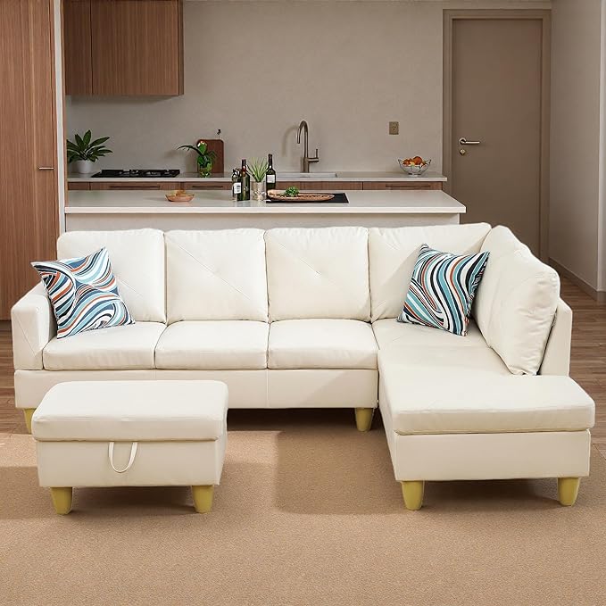 Sectional Couches for Living Room with Movable Chaise & Storage Ottoman - 97.5" Leather L Shaped Couches for Living Room Apartment, 4 Seat Home Furniture Modular Sectional Sofas, White