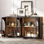 Merax Wood Farmhouse Buffet Sideboard with Adjustable Shelves and 4 Glass Doors, Coffee Bar Cabinet TV Stand for Living Room Bedroom Kitchen Black