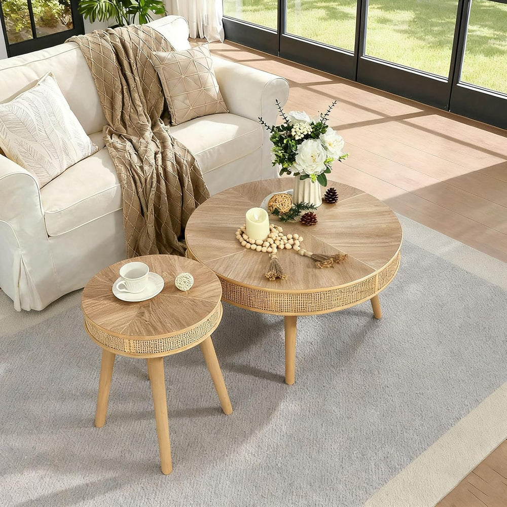 RUSTOWN 2-Piece Round Coffee Table Set with Rattan Accent, Soild Wood Leg, Fa...