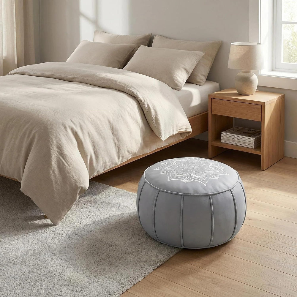 Round Pouf Cover, Premium Leather Ottoman Cover 19in / 48cm, Unstuffed Floor ...