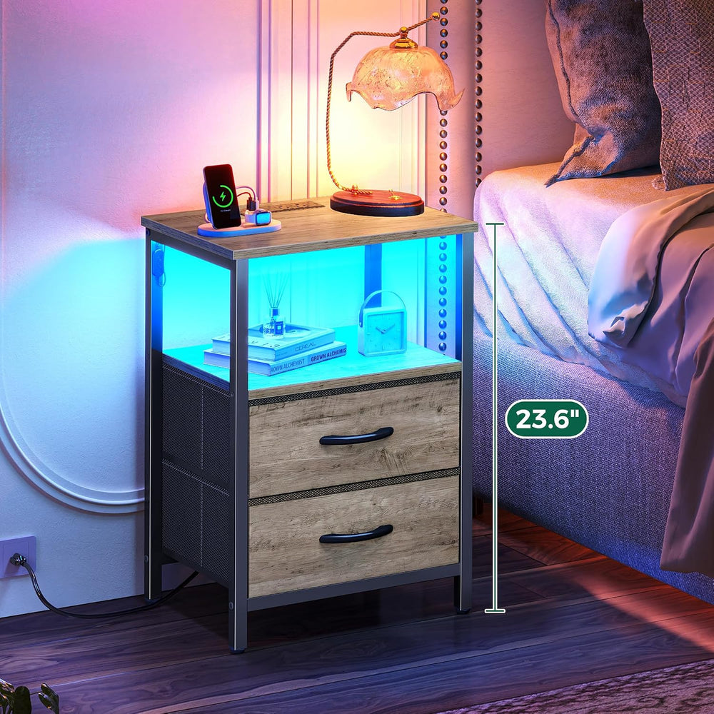 Huuger Night Stand with Charger Station and LED Lights, 2 Drawer Nightstand, ...