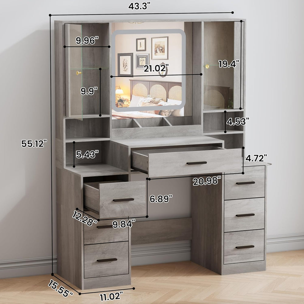 BORNOON Vanity Desk with Mirror and Lights, Makeup Vanity with 7 Drawers, 2 G...
