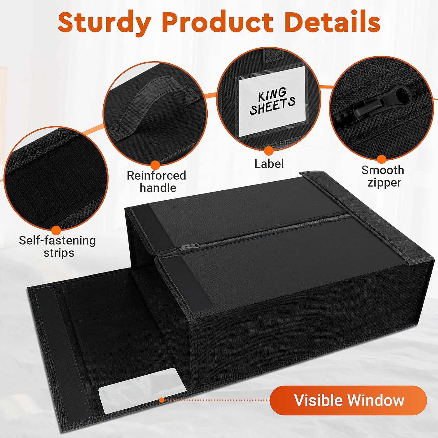4 Pack Bed Sheet Closet Organizers and Storage,Sturdy Foldable Storage Containers with Window and Label,Storage and Organization for Bedding Sheets,Duvet Covers,Blankets (Black)
