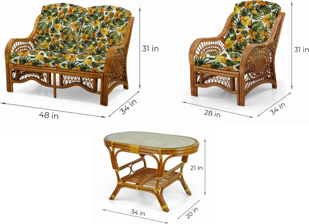 Malibu Lounge Set of 4: 2 Natural Rattan Wicker Chairs, Three-Seater Sofa wit...