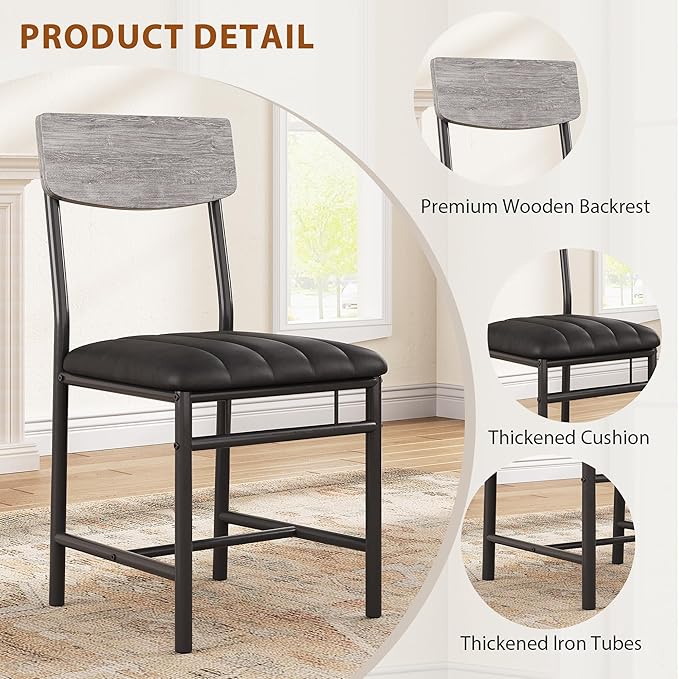 Industrial Dining Chairs Set of 6 - Upholstered Dining Room Chairs with PU Leather, Kitchen Chairs with Wooden Backrest and Thickened Metal Legs, for Dining Room, Living Room（Gray）