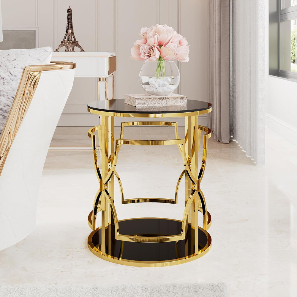 Merax 19.7" Round Gold Metal Side Table with Tempered Glass Top & 2-...