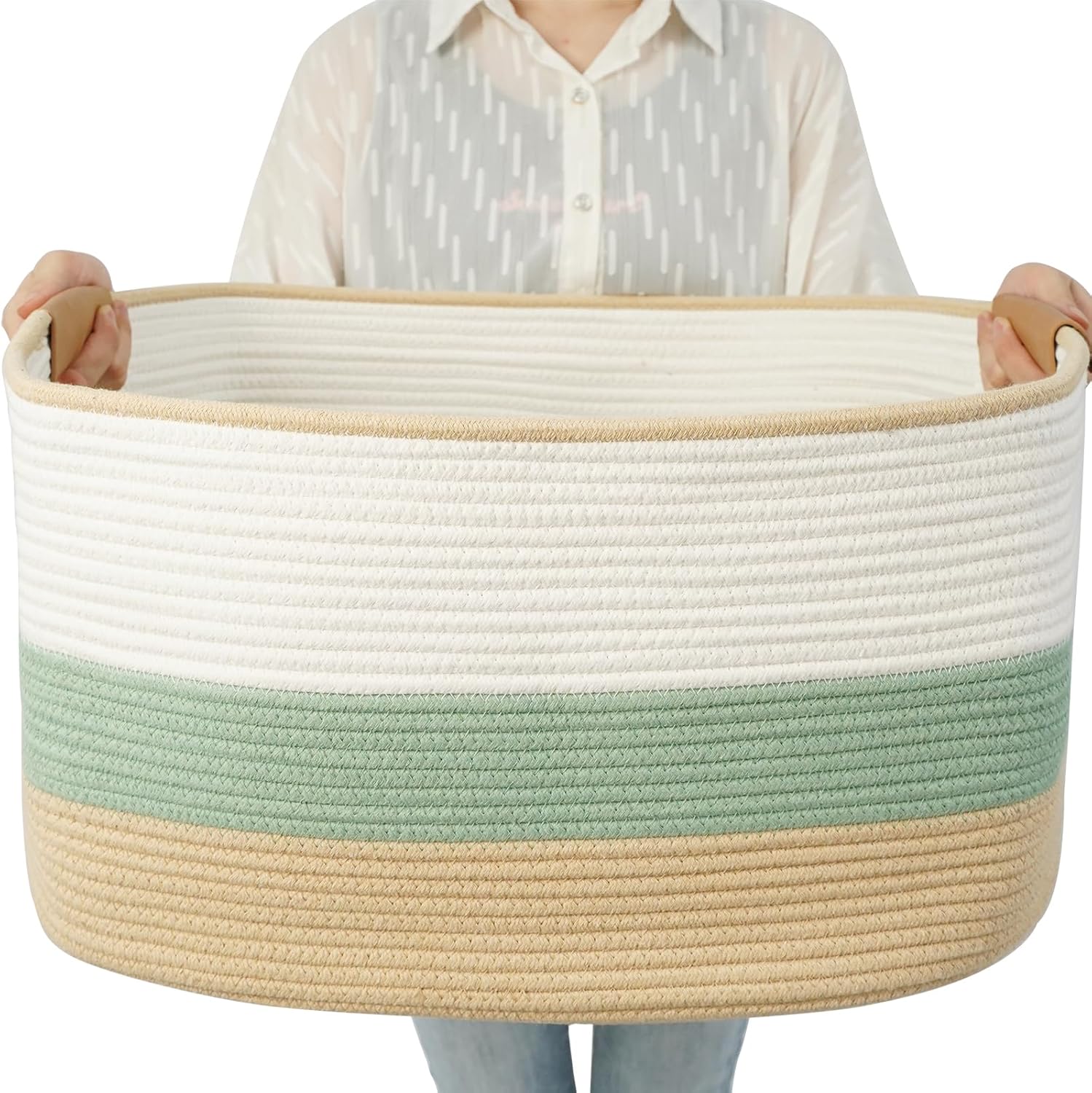 Large Woven Basket, 108L Rectangular Woven Storage Basket with Leather Handles, Stylish Organizer Bin for Home, Office, Laundry, Toys, or Blankets, 25’’*16’’*16’’ White & Green & Jute
