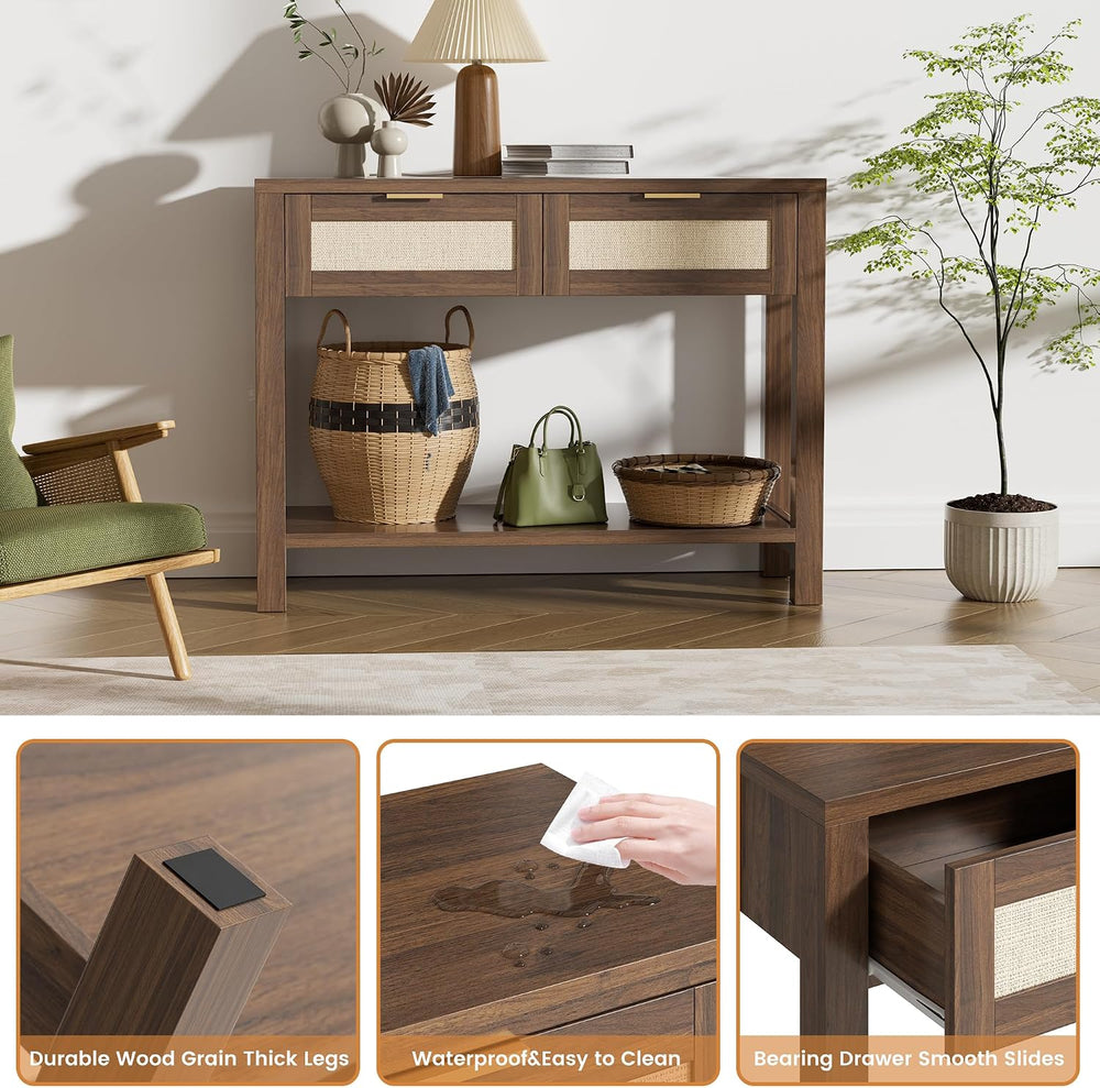Boho Chic Console Table with 2 Rattan Drawers and Open Shelf Storage, Narrow ...