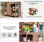 Merax 66" Large Outdoor Farmhouse Wooden Potting Bench Table, Garden Workstation with 2 Drawers, Cabinet, and Open Shelves for Backyard, Mudroom, Brown
