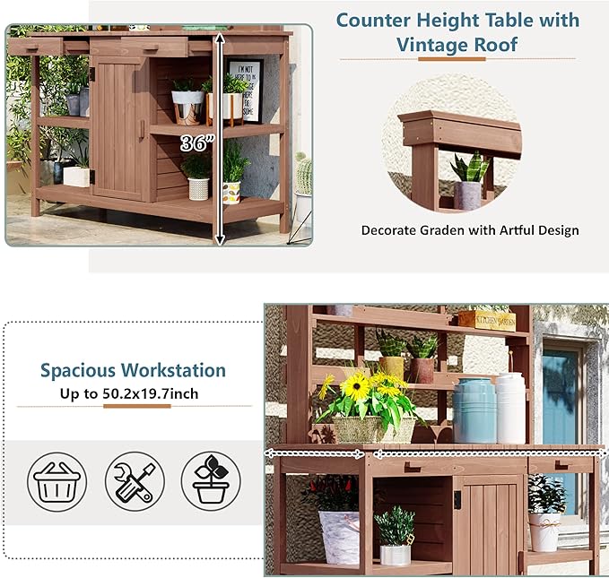 Merax 66" Large Outdoor Farmhouse Wooden Potting Bench Table, Garden Workstation with 2 Drawers, Cabinet, and Open Shelves for Backyard, Mudroom, Brown