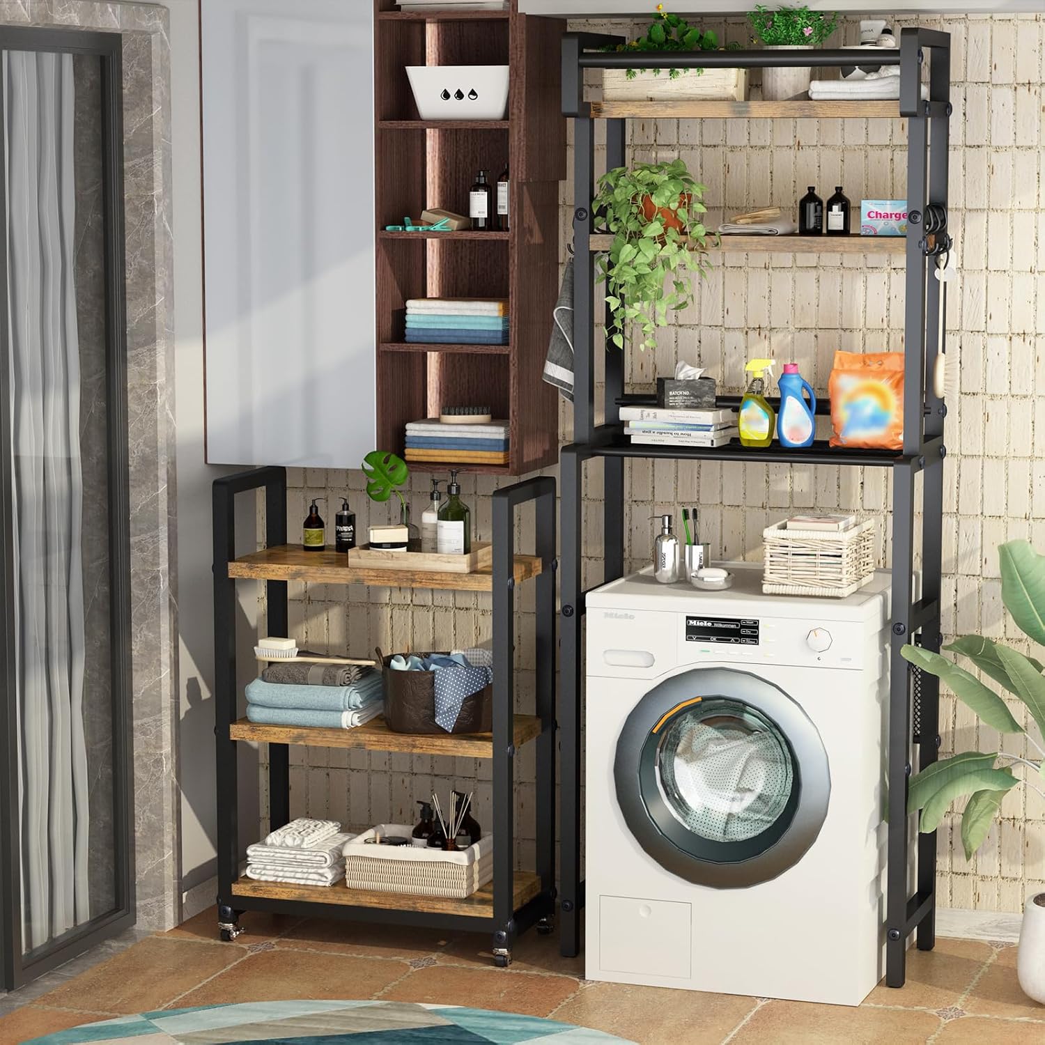 Recaceik 6-Tier Over The Toilet Storage Shelf with Cart, Freestanding Above Toilet Shelf Rack, Farmhouse Bathroom Organizer Shelves, Space Saver (Brown)