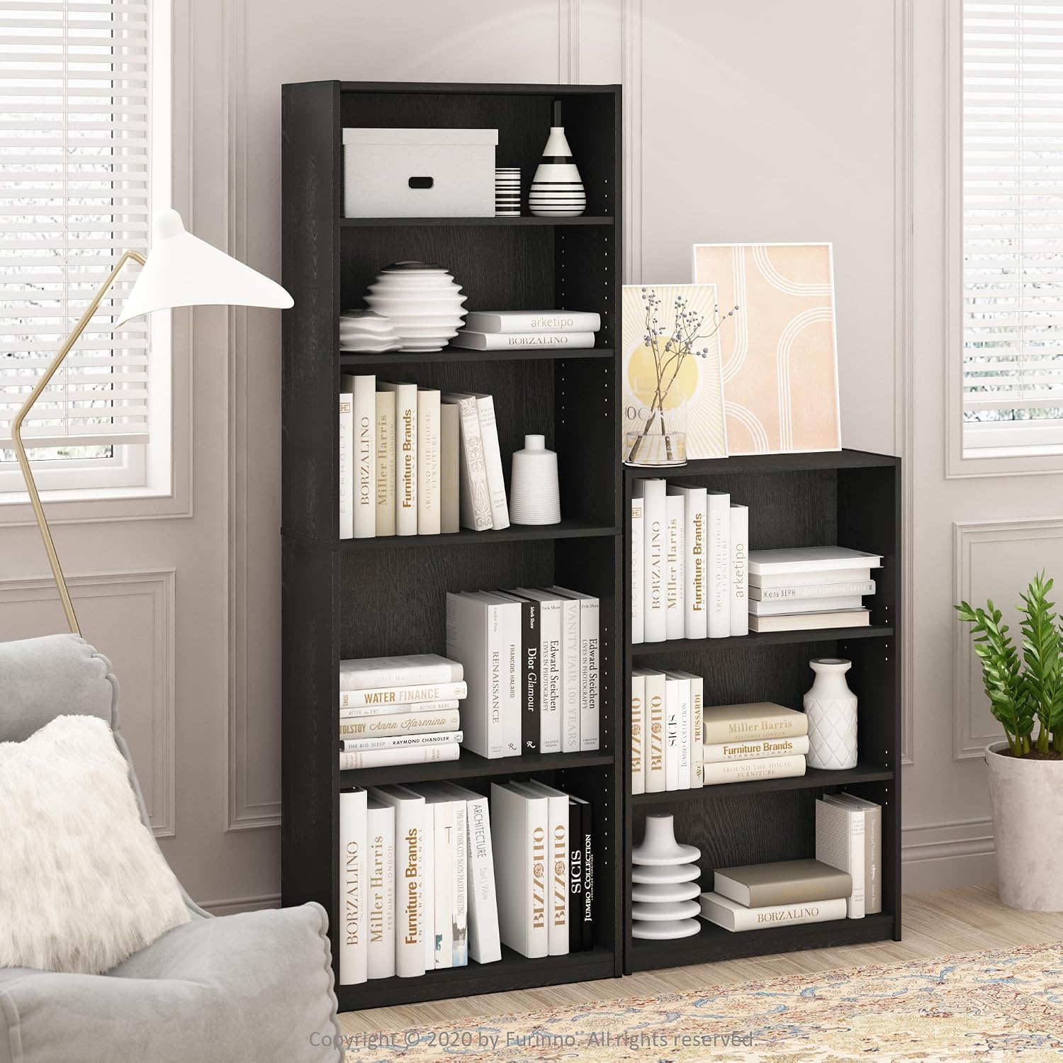 Furinno Jaya Book Shelf, 5-Tier Bookshelf, Bookcase with Adjustable Shelves, 9.5 x 24.5 x 71.2, for Organization and Storage, for Living Room, Bedroom, Home Office, Blackwood