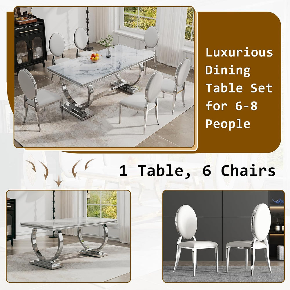 Luxury Marble Dining Table Set for 6 People, 70" Double O-Shaped Faux Ma...