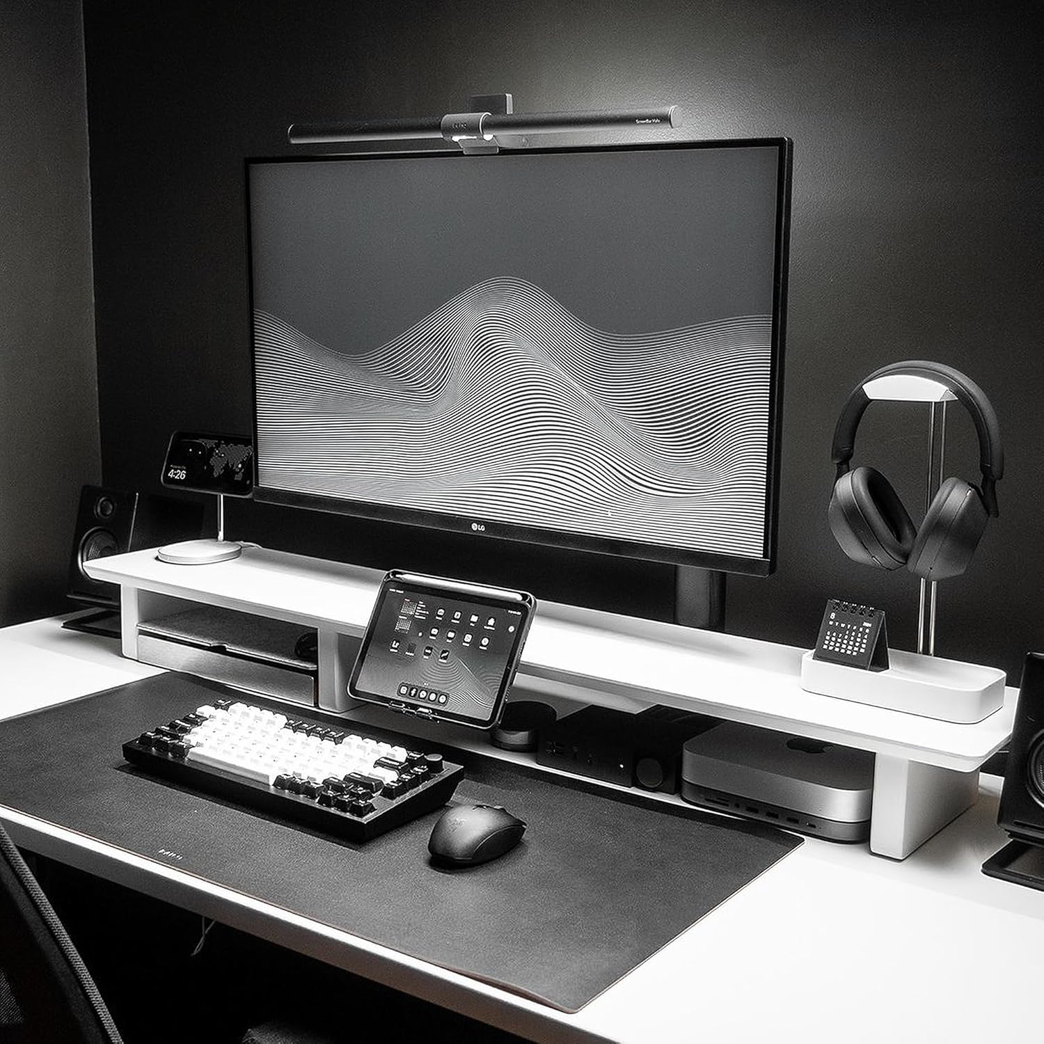 Raico Desk Cockpit Shelf Monitor Stand System Dual Screen Setup Wood Large Desk Accessory Organizer Unit (Matte White, Full Length v2 | 45.7 Inches)