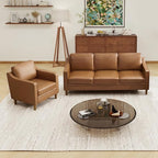 Kingfun Living Room Furniture Sets, 3 Seater Couch and Armchair, Mid Century Modern Sofa Set, Faux Leather Couch with Solid Wood Frame for Living Room & Bedroom, Brown