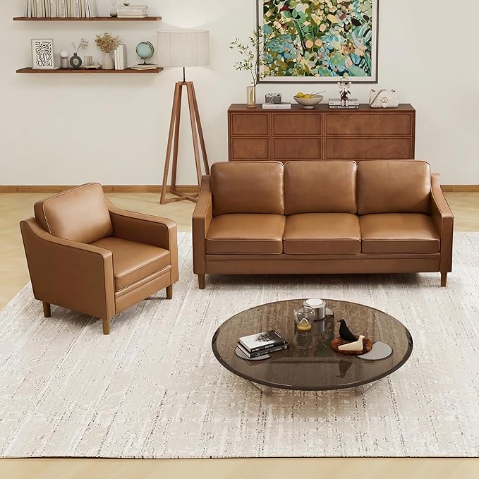 Kingfun Living Room Furniture Sets, 3 Seater Couch and Armchair, Mid Century Modern Sofa Set, Faux Leather Couch with Solid Wood Frame for Living Room & Bedroom, Brown
