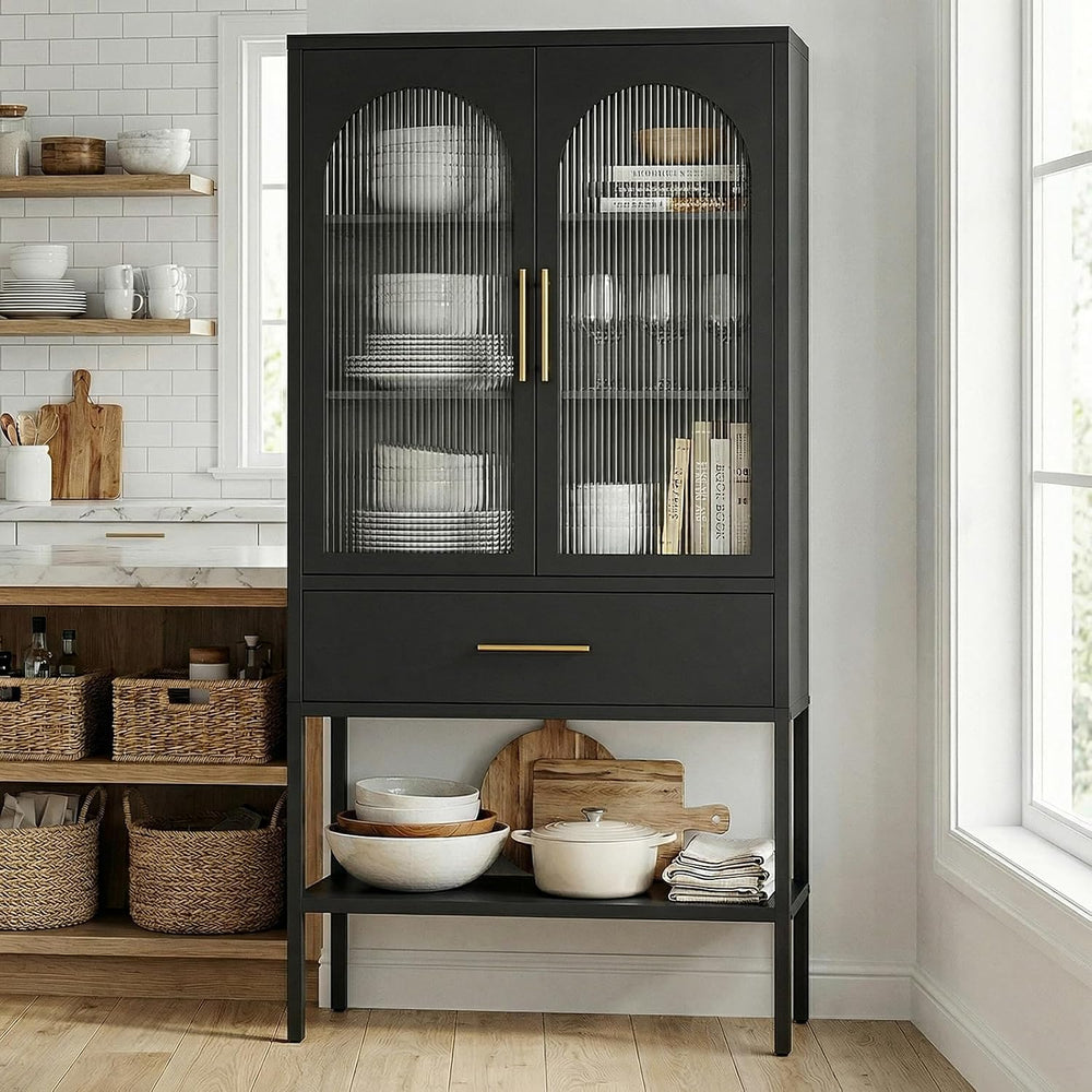 63" Tall Metal Storage Cabinet with Glass Doors, Kitchen Pantry Cabinet ...