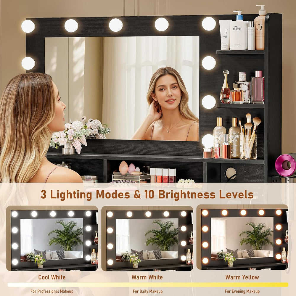 Driftalia Black Makeup Vanity Desk with Mirror and Lights for Bedroom | Integ...