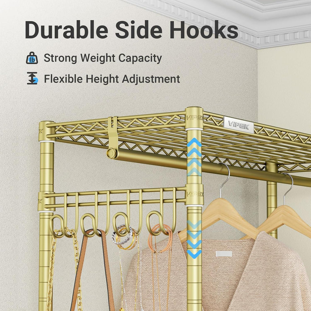 VIPEK R2 Plus Rolling Clothes Rack for Hanging Clothes Heavy Duty Garment Rack 3 Tiers Adjustable Wire Shelving Clothing Racks with Double Hanging Rods, Closet Organizers and Storage, Gold