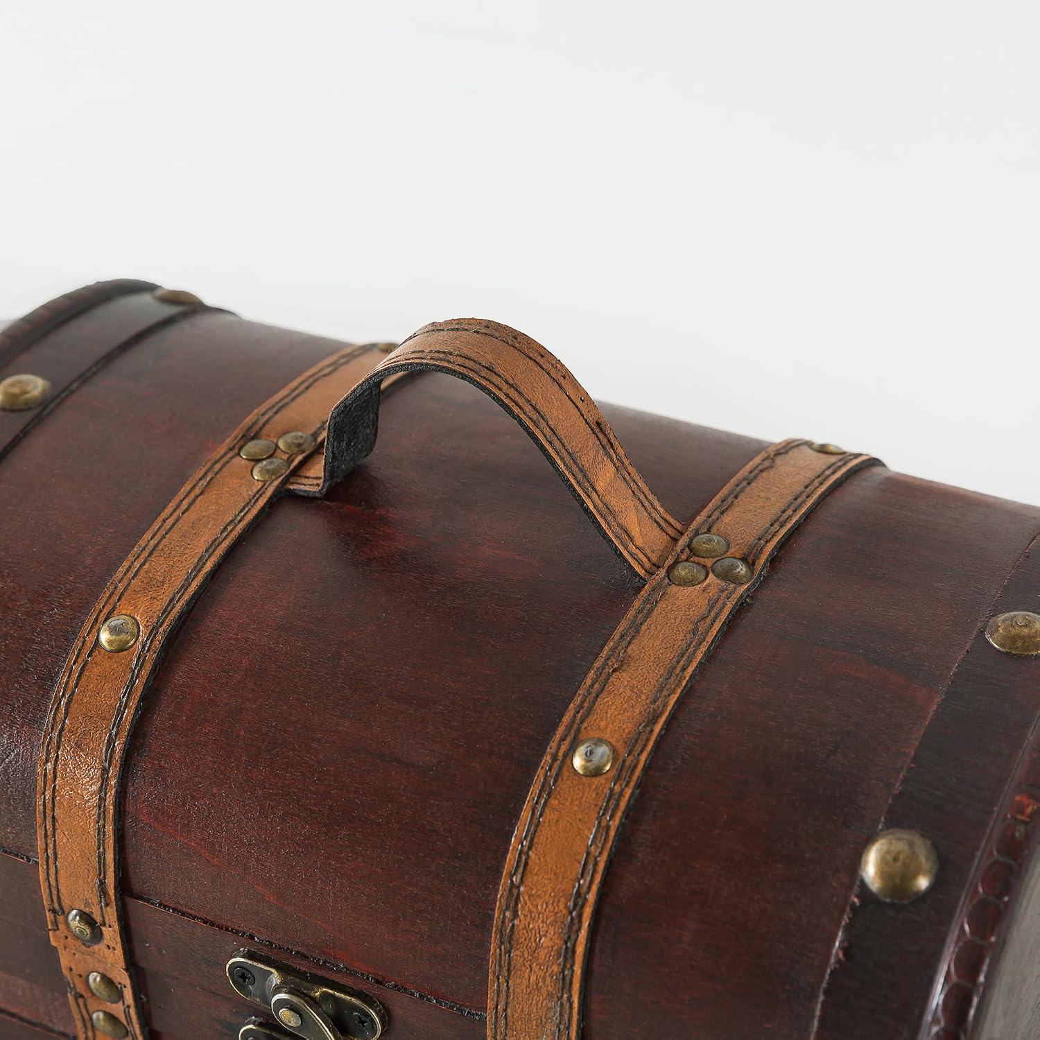 SLPR - Small Wooden Storage Box with Hinged Lid and Handle, 11x7x5.7 In | Vintage Suitcase Style Treasure Chest for Keepsakes, Decorative Wood Case with Latch, Antique Travel Trunk Box Decor
