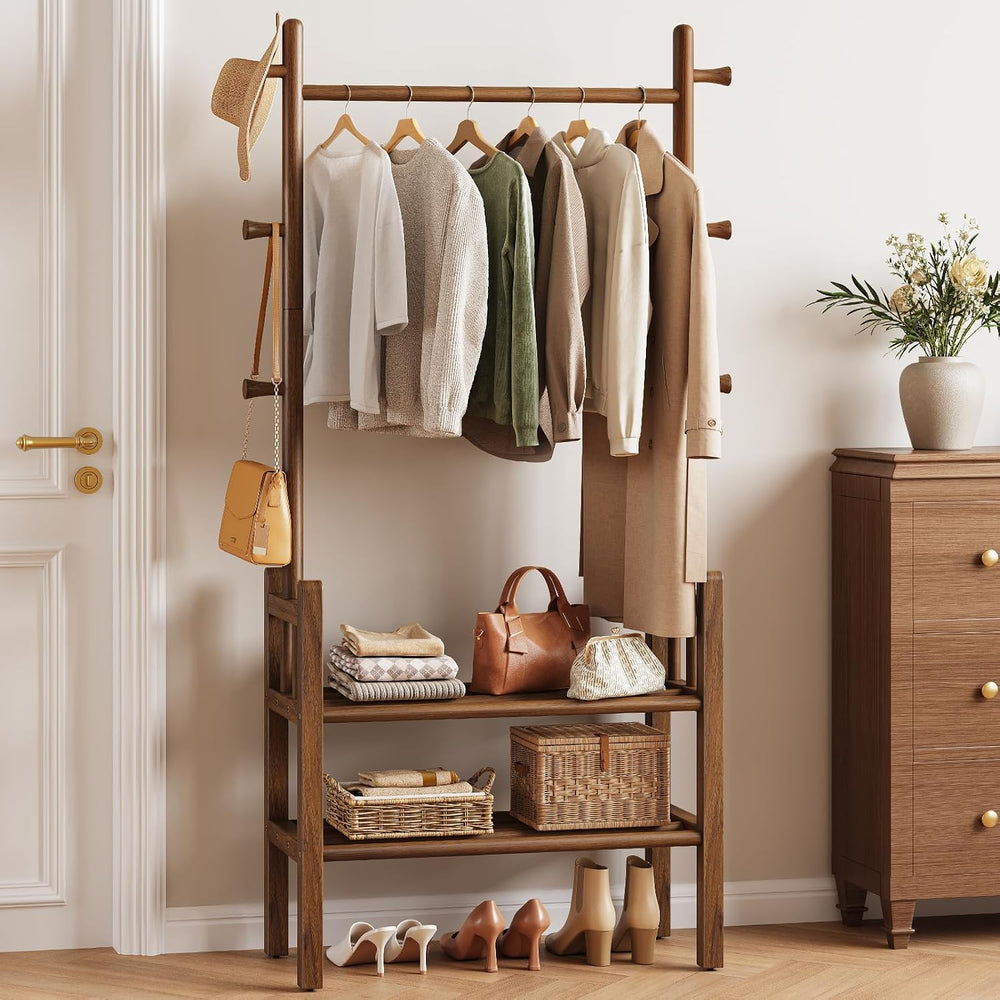 Solid Wood Clothing Rack with Shelves - Coat Rack Freestanding with 6 Hooks L...