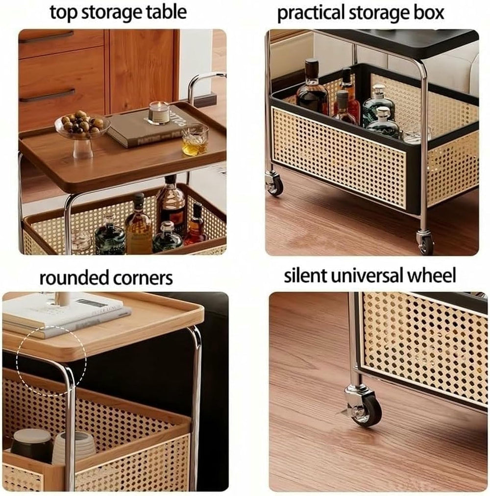 Rattan Side Table with Wheels Rolling 2-Layer Coffee Table Storage End Table ...