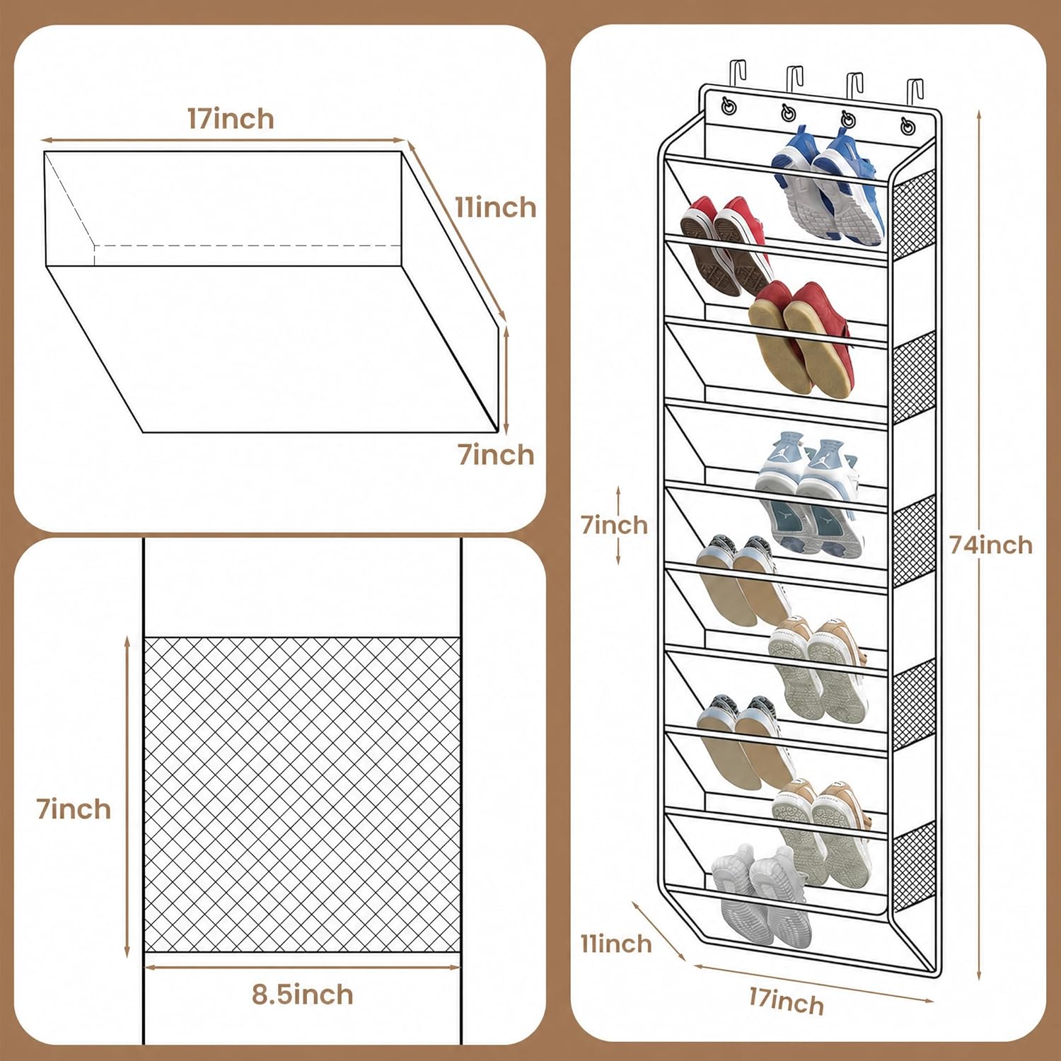 10-Tier Over The Door Organizer with 4 Anti-Scratch Silicone Hooks & 10 Side Pockets, Hanging Shoe Organizer for Closet (20 Pairs), Behind the Door Storage