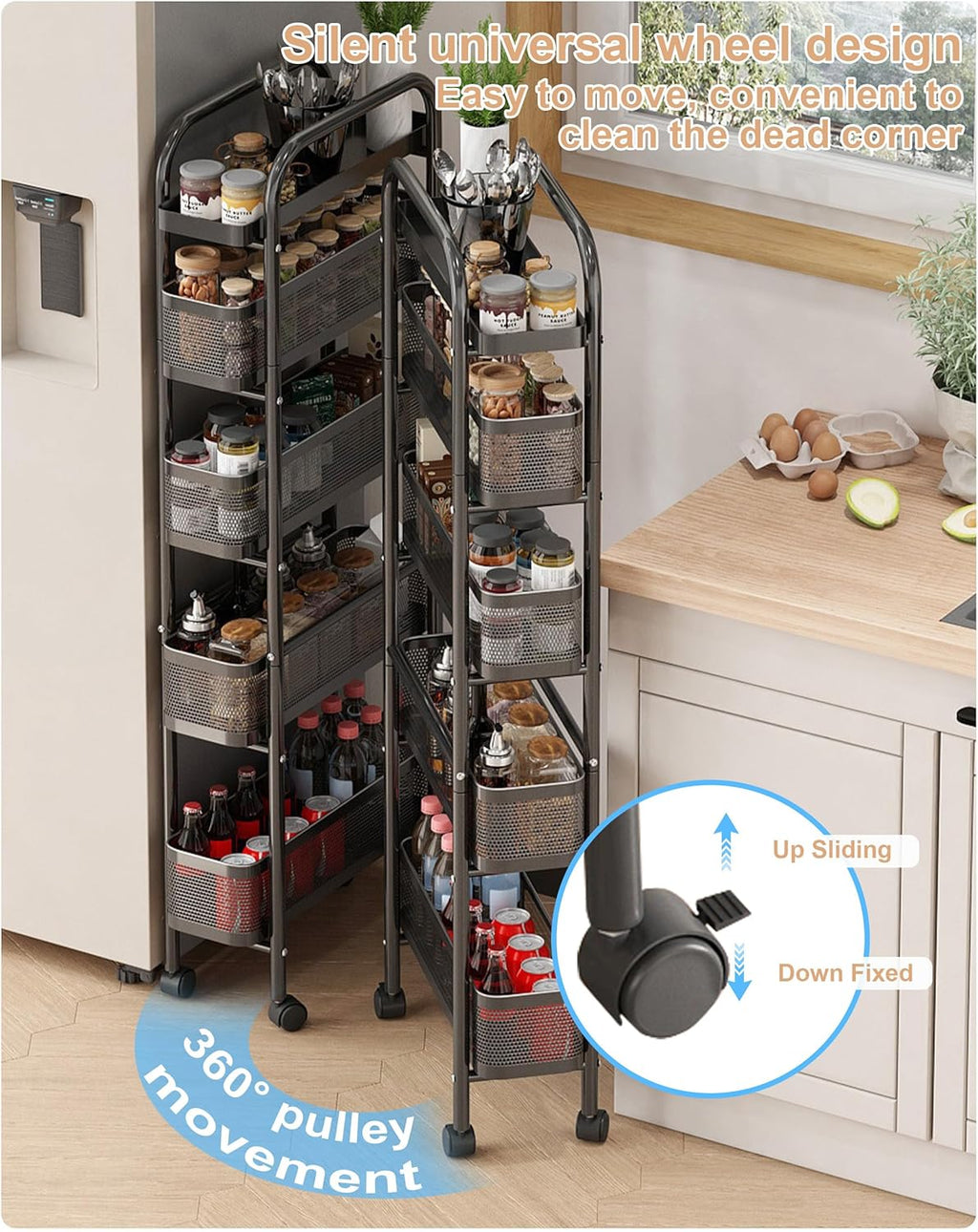 UMDONX Slim Storage Cart 5 Tier with Pull Out Basket Bathroom Organizer Rolling cart, Rolling Utility Cart Slide Out Organizer for Kitchen, Bathroom, Laundry Black