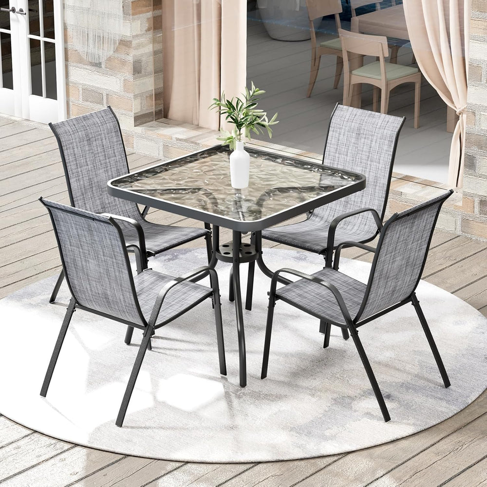 Arlopu 5 Pieces Outdoor Patio Dining Set, Glass Table and Textilene Chair