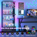 VersionTECH. Display Cabinet with Glass Doors, 4-Tier Curio Cabinet with RGB Lights for Collectibles, Display Case with 2 Drawers, Adjustable Glass Shelves, Human Body Sensor, Mirror Backing, Black
