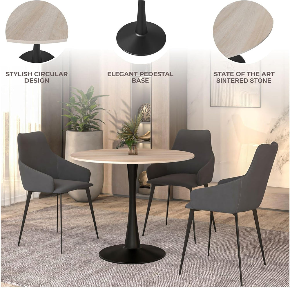 LeisureMod 35" Round Dining Table with Sintered Stone Top – Modern Black...