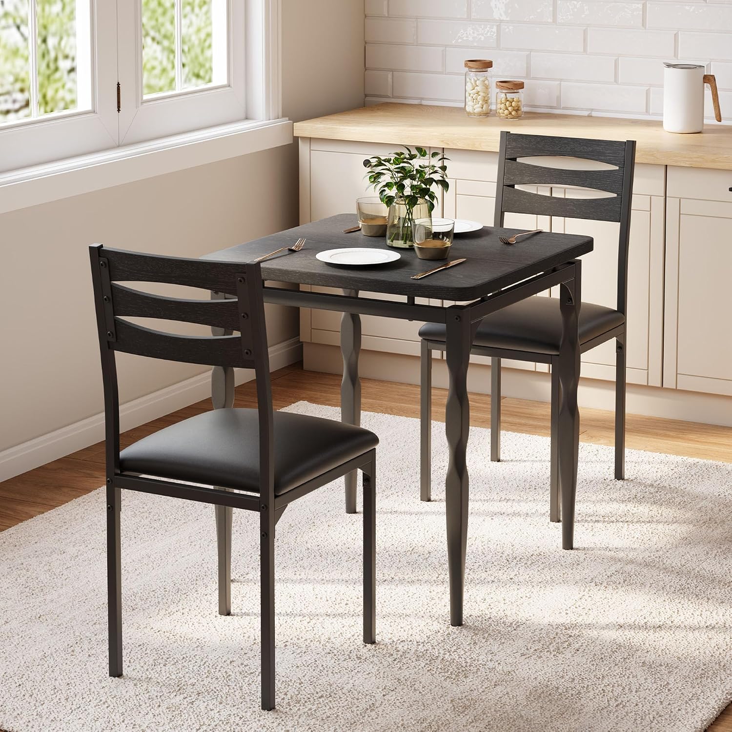 GarveeHome 3 Piece Dining Table Set, Kitchen Table Set for 2, Black | Dining Table and Chairs Set of 2, With Spiral Table Legs, Suitable for Small Spaces, Kitchen, Apartment