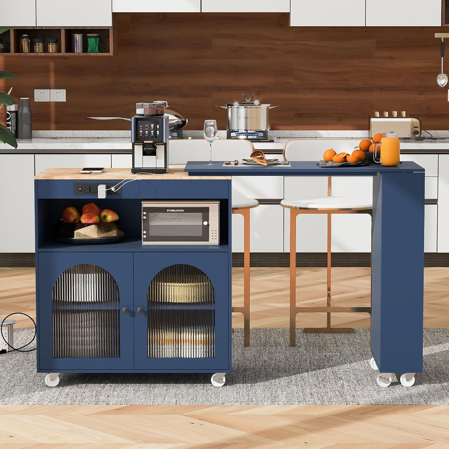 Rolling Kitchen Island Set with Extended Table, LED Lights, Power Outlets, 2 Fluted Glass Doors, a Storage Compartment, Side 3 Open Shelves for Dining Room Kitchens Living Room Navy