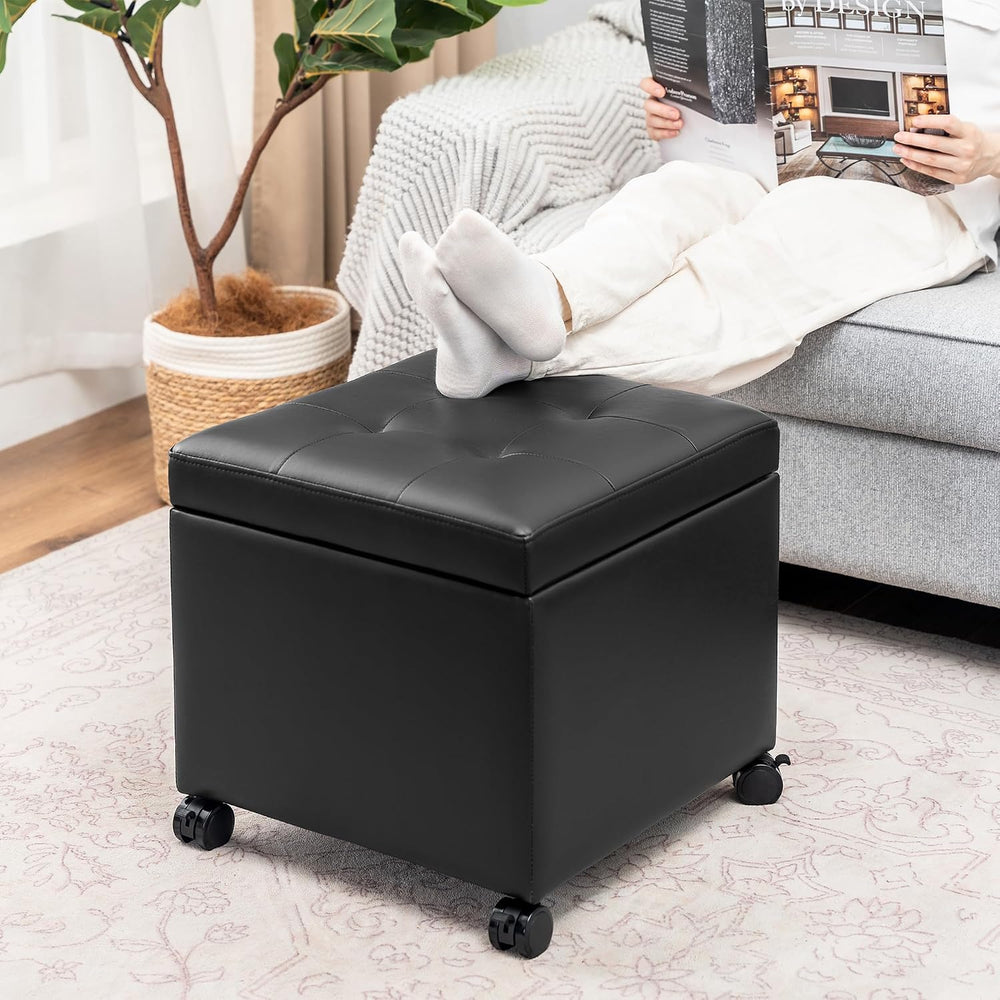 Adeco 17" Storage Ottoman Modern Tufted Faux Leather with Wheels, Black