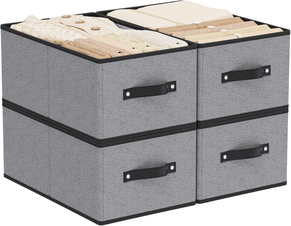 Foldable Storage Bins with Handles, Fabric Storage Cubes for Organizing, Decorative Linen Closet Organizers, 18.5 × 11 × 7.9 Inch, Gray, 4-Pack