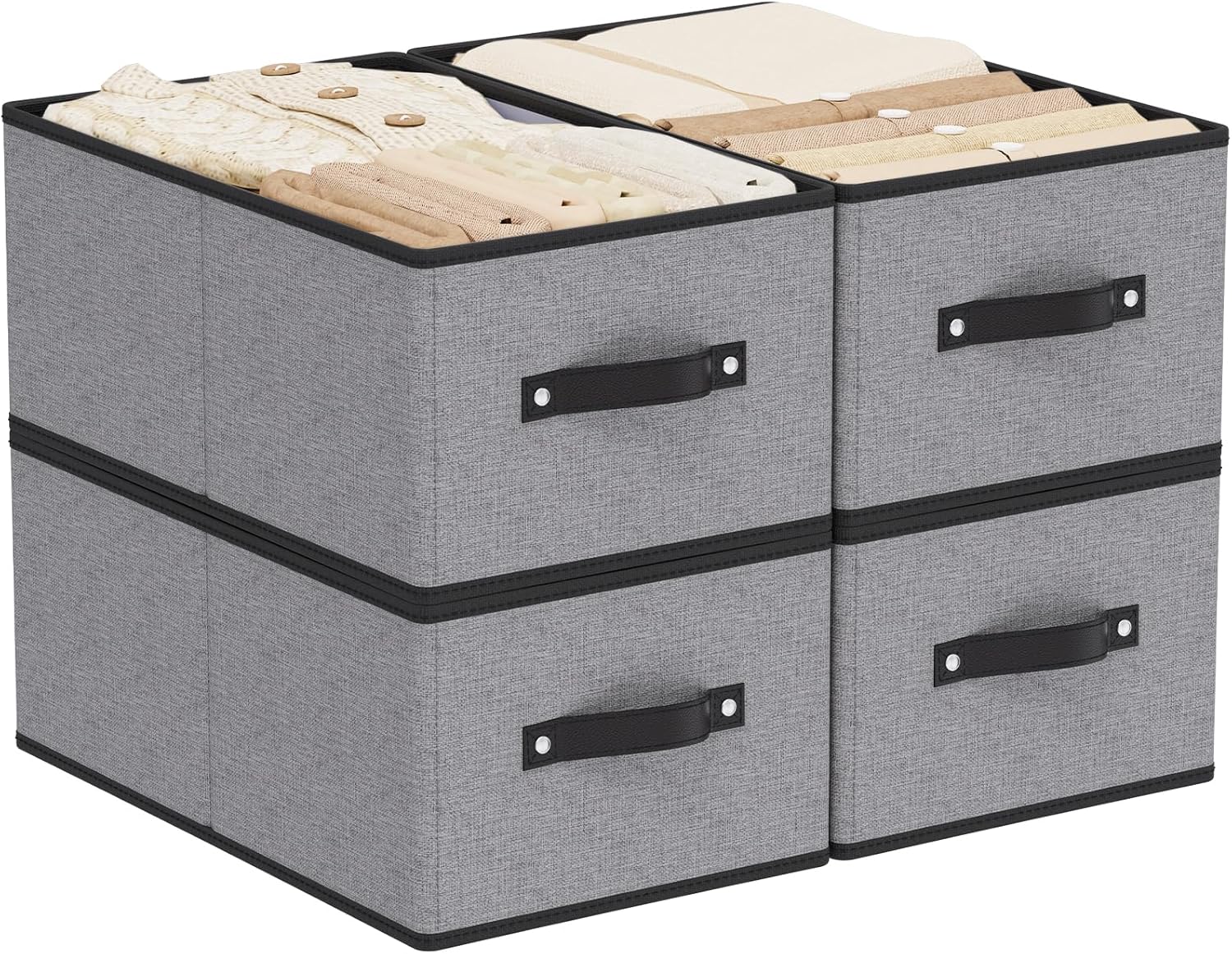 Foldable Storage Bins with Handles, Fabric Storage Cubes for Organizing, Decorative Linen Closet Organizers, 18.5 × 11 × 7.9 Inch, Gray, 4-Pack