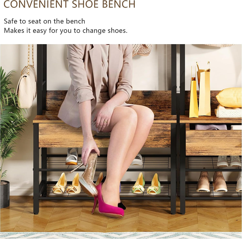 DKLGG Hall Tree with Bench and Shoe Storage for Entryway, 5-in-1 Coat Rack wi...