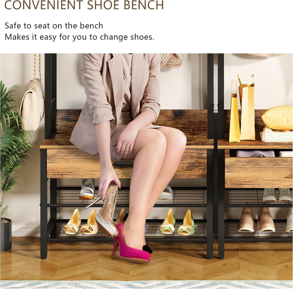 DKLGG Hall Tree with Bench and Shoe Storage for Entryway, 5-in-1 Coat Rack with Shoe Storage, Wood Look Accent Shoe and Coat Rack, Farmhouse Hall Tree with 12 Hooks for Mudroom, Bedroom, Living Room