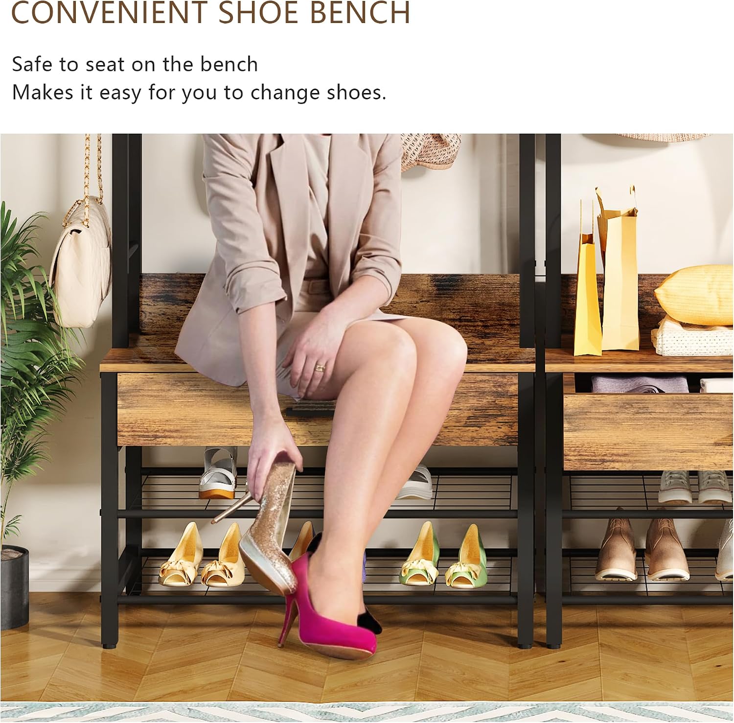 DKLGG Hall Tree with Bench and Shoe Storage for Entryway, 5-in-1 Coat Rack with Shoe Storage, Wood Look Accent Shoe and Coat Rack, Farmhouse Hall Tree with 12 Hooks for Mudroom, Bedroom, Living Room