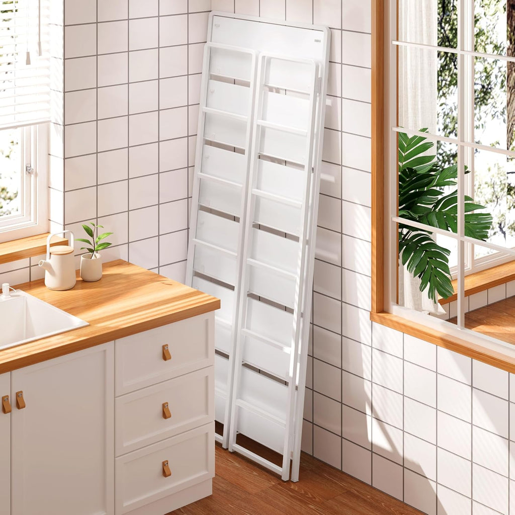 4NM No Assembly 6 Tiers Folding Bookshelf Storage Shelves Vintage Bookcase Standing Racks Study Organizer Home Office (All White)
