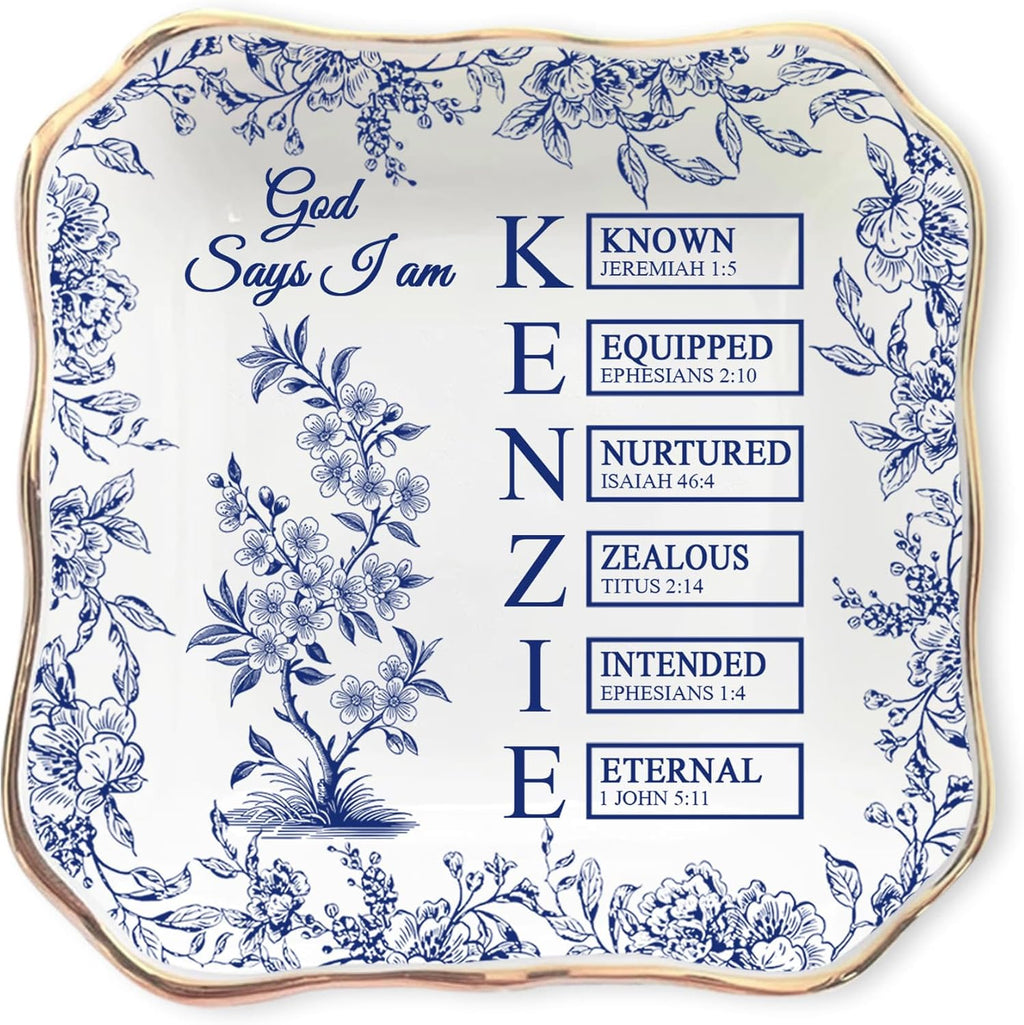 Personalized God Says I Am Toile De Jouy - Name Letter In Bible Verse Jewelry Dish - Custom Birth Flower Jewelry Dish - Christian Gift - Religious Affirmations Gifts