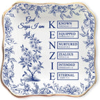 Personalized God Says I Am Toile De Jouy - Name Letter In Bible Verse Jewelry Dish - Custom Birth Flower Jewelry Dish - Christian Gift - Religious Affirmations Gifts